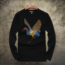 2019 spring and autumn new hot diamond crane figure mens round neck long-sleeved T-shirt pure cotton increase social spirit boy t-shirt