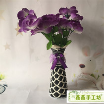 Factory supply desktop vase plum blossom mouth thin waist high tube flower arrangement hand woven iron vase