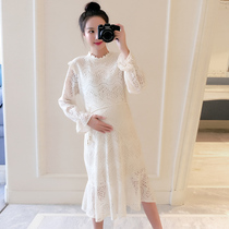 Pregnant women autumn fashion loose size lace dress 2021 New Korean version long sleeve pregnancy long skirt