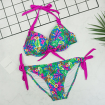 Printed charming straps thickened steel brackets gather sexy split triangle three-point bikini bikini womens swimsuit
