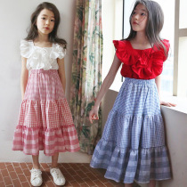 Girls Korean version 2021 summer cotton mosaic princess style ruffle princess skirt big childrens vest long skirt