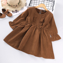 Spring and Autumn 2021 New Girl dress corduroy lace long sleeve princess dress children solid color skirt