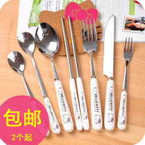 hello kitty Korean version of cute cartoon ceramic handle not embroidered steel tableware chopsticks spoon Knife and Fork