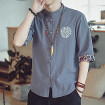 Summer linen shirt male and female collar don 70% short sleeve shirt country Chauded loose Fat Embroidered Cotton Numb