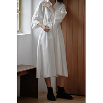 Shiyou temperament design sense white skirt womens early autumn long-sleeved waist drawstring wide sleeve mid-length dress