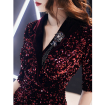 Host evening dress dress women 2021 New banquet Noble celebrity sequins aura Queen sexy temperament short