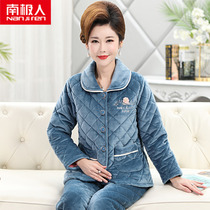 Winter Pyjamas Women Thicken Plus Suede Three Layers Clip Cotton Coral Suede Aged Mother Warm Old Home Suit Suit