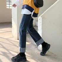 Maternity wear cuff jeans spring and autumn outer wear leggings loose belly straight trousers tide mom autumn pants