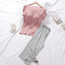 With chest pad Modal pajamas womens 2021 new loose summer homewear short-sleeved three-point pants home suit