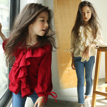 Girls spring coat 2021 New style childrens clothing middle-aged childrens ruffles cotton long-sleeved doll shirt princess style