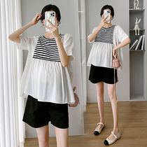 Pregnant Woman Summer Clothing Suit Fashion style Summer splice striped short sleeve blouses Korean version Tobelly shorts Chauma Two sets