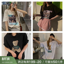 deessesicile 9 fold Korean version Tidal Women Group Wind Little Brown Bear Printed Tee Round Collar T-shirt Woman Short Sleeve Loose