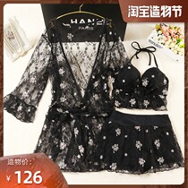 Black sexy embroidery lace split three-piece swimsuit women show thin belly cover bikini small chest gathered to soak in the hot spring