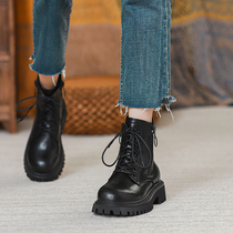 Real Leather Boots children autumn and winter Martin boots fried street thick sole 2021 New Tide ins cool lace up black boots