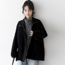 South Korea 2021 Autumn Winter New overcoat women loose BF retro harbor wind long sleeve black zipper slim jacket