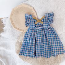 2021 Summer new princess dress girl Korean version net red blue plaid small flying sleeve head thin and dress fairy
