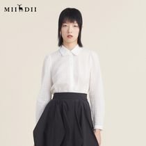 Riddle 2022 autumn new pint of pure cotton long sleeve shirt female micro-permeable texture salt shrinking square block picture blouse 223MC1106