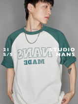 (NANS) heavy-pound long suede cotton Rome double face mercerized crash-colored inserted shoulder sleeve spliced mirror printed TEE