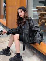 Leather jacket womens 2020 new spring and autumn short Korean edition loose ins casual motorcycle clothes pu leather jacket tide