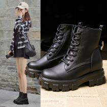 Hong Kong leather thick-soled inner Martin boots female autumn 2021 new versatile English black short boots