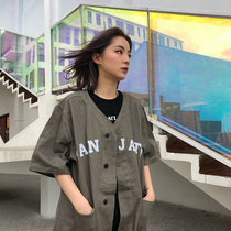SANJATI CRANE19SS tooling Simple Letter Print Thin Short Sleeve Baseball Clothing Coats Men and Women Couple Wide