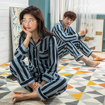 Jingyun autumn couple pajamas long sleeve home suit mens cotton striped conjoined home clothes womens pajamas can be worn outside