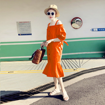Orange suspenders dress womens summer 2021 New Gentle wind niche thin shoulder shirt fishtail skirt