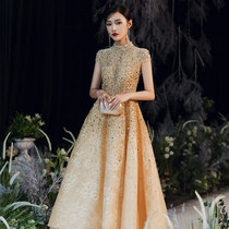 Full embroidered pearl gold starry sky evening dress skirt female 2021 new host art examination banquet temperament bridal toast dress