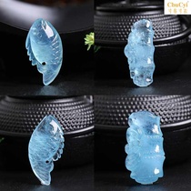 Pure natural sea blue treasure pendant a piece of carved Beryl stone sea blue treasure water drop raw stone crystal men and women necklace