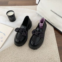 Black new fit dresses small leather shoes women Inron wind spring autumn season butterfly knots jk shoes thick bottom winter plus suede