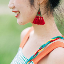 2021 new retro ethnic wind long tassel red earrings womens high-end sense niche thin summer earrings