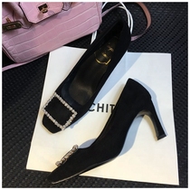 Single shoes womens autumn 2021 New Joker thin heel square head shallow rhinestone square buckle black high heel shoes