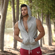 Muscle fitness Sleeveless hooded sweater Training hooded vest Brother sports thin hoodie tight European and American vest