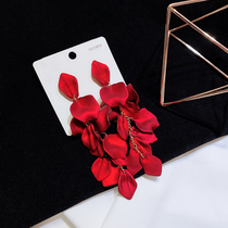 Korean red rose petal earrings female European and American temperament exaggerated long earrings Super fairy thin net red tide earrings