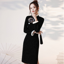 Black modified cheongsam young girl Daily velvet temperament national tide dress female autumn and winter thick long sleeve