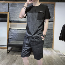 Ice silk short-sleeved mens t-shirt summer loose thin section sports suit Mens clothing with a set of handsome casual summer T-shirt