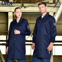 Men and women in chemical protective clothing male laboratory anti-static working clothes in long blue coats over knee clothes