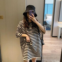 Pregnant Woman Striped Short Sleeve Shirt Pure Cotton 2021 Summer Clothing Nets Red Korean version Loose Medium Long blouses Lazy T-shirt Dress