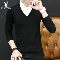 Playboy plus fluff mens autumn and winter thickened fake two-piece shirt collar solid color wild trend base shirt men