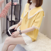 Large size thin womens clothing 2023 summer new ladies shirt doll collar lace stitching short-sleeved shirt top tide