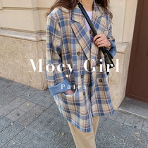 sandro asw Plaid small blazer jacket 2021 autumn Korean casual temperament double breasted blue suit