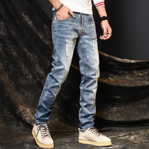 Jeans mens spring and Autumn fashion brand broken hole beggar scraped trend slim straight casual versatile trousers