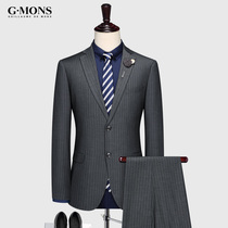 Mens striped suit suit Business casual suit Groom wedding dress three-piece suit Gray slim British style