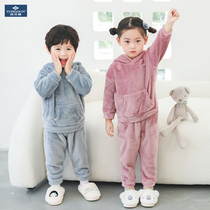 Yu Zhaolin baby flannel homewear suit Autumn and winter models for men and women plus velvet warm pajamas Coral velvet thickened