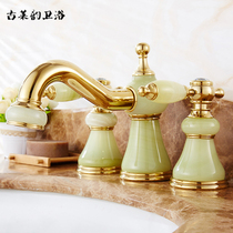 Golden brass European natural jade hot and cold three-hole basin faucet antique bathroom cabinet faucet wash plate
