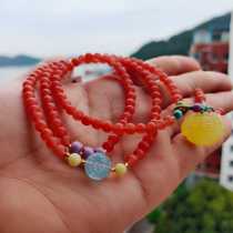 Putuo Mountain Nanhong Buddha beads hand string hand wearing 3 circles with beeswax Fu lock sea blue treasure transfer beads