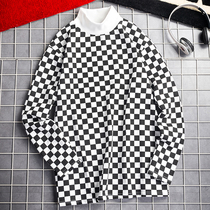 Winter Korea ulzzang Port wind versatile long-sleeved plaid contrast color T-shirt mens Harajuku wind high collar couple base shirt