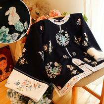 Yiyis home-made flower rabbit hand push embroidered retro method without a flat cut Chinese style double-cut big sleeve jacket