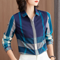 Blue plaid shirt womens long-sleeved autumn foreign style European design niche cotton shirt spring top base shirt