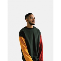 LAZY LEFT color pallette contrast stitching off-shoulder sweater dark green jujube turmeric